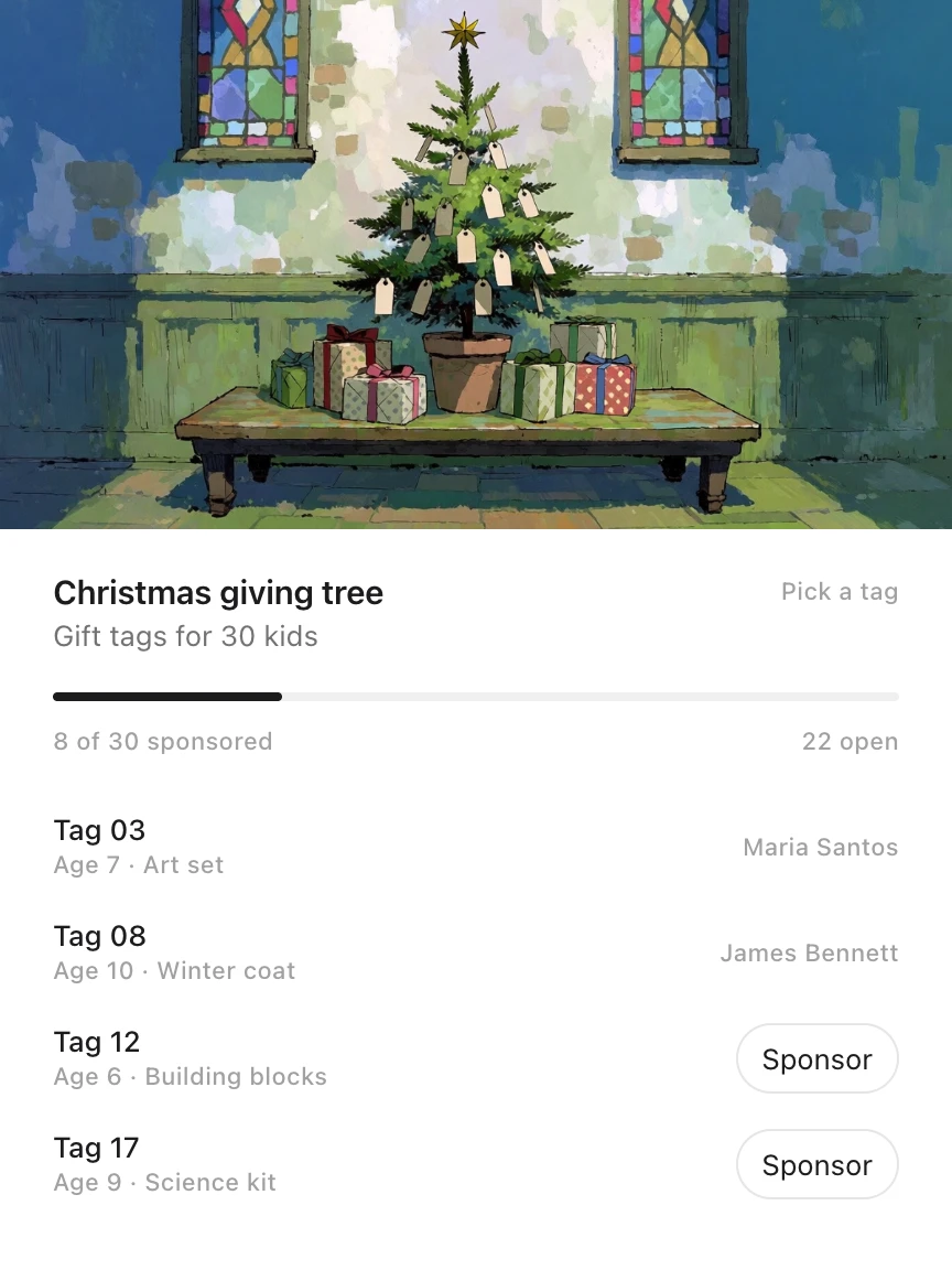 An Idle card: the Christmas giving tree under a drawing of a tree hung with gift tags, with tags for 30 kids, 8 sponsored and 22 open, and buttons to sponsor a tag