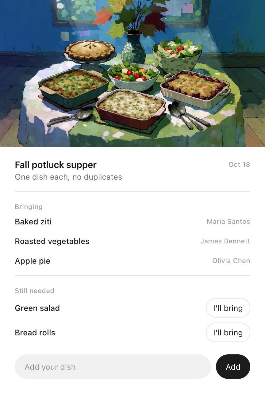 An Idle card: the Fall potluck supper on October 18 under a drawing of a table of dishes, one dish each with no duplicates, with baked ziti, roasted vegetables and apple pie coming and green salad and bread rolls still needed