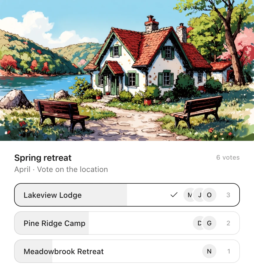 An Idle card: the Spring retreat location vote for April under a drawing of a lakeside lodge, with Lakeview Lodge ahead on three of six votes, Pine Ridge Camp on two and Meadowbrook Retreat on one