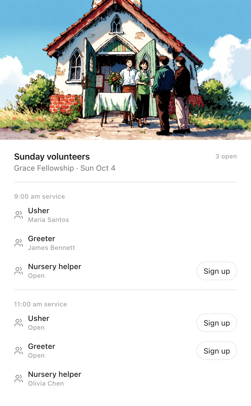 An Idle card: Sunday volunteers at Grace Fellowship on Sunday, October 4, under a drawing of greeters at a church door, with ushers, greeters and nursery helpers for the 9:00 am and 11:00 am services, three filled and three open to sign up