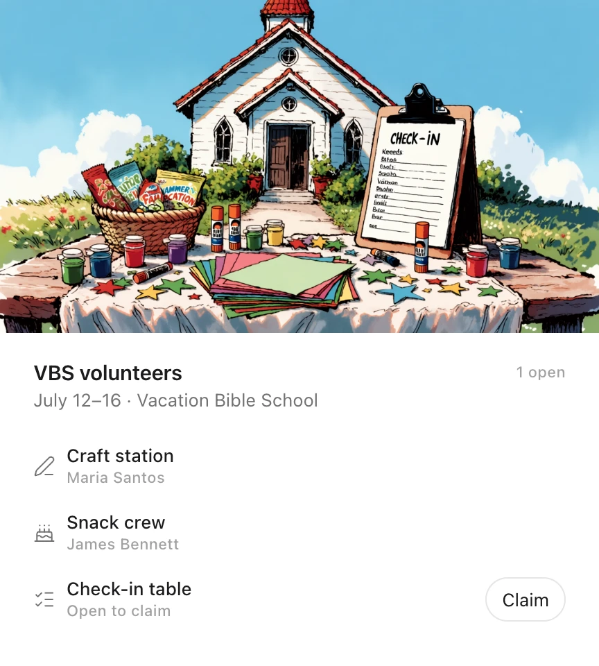 An Idle card: VBS volunteers for Vacation Bible School, July 12–16, under a drawing of a craft table outside a church, with the craft station and snack crew covered and the check-in table open to claim