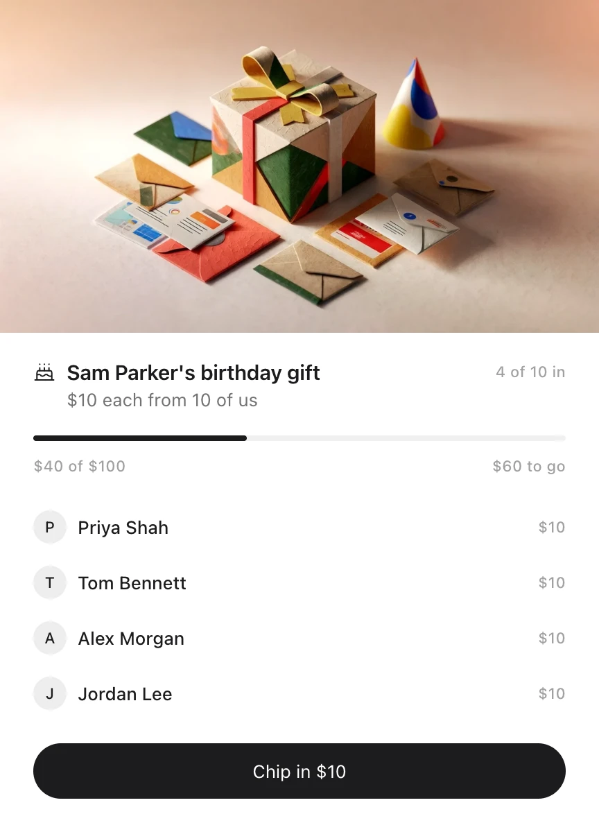 An Idle card: Sam Parker's birthday gift under a drawing of a wrapped present, $10 each from ten people, with $40 of $100 in from four of them and a button to chip in $10