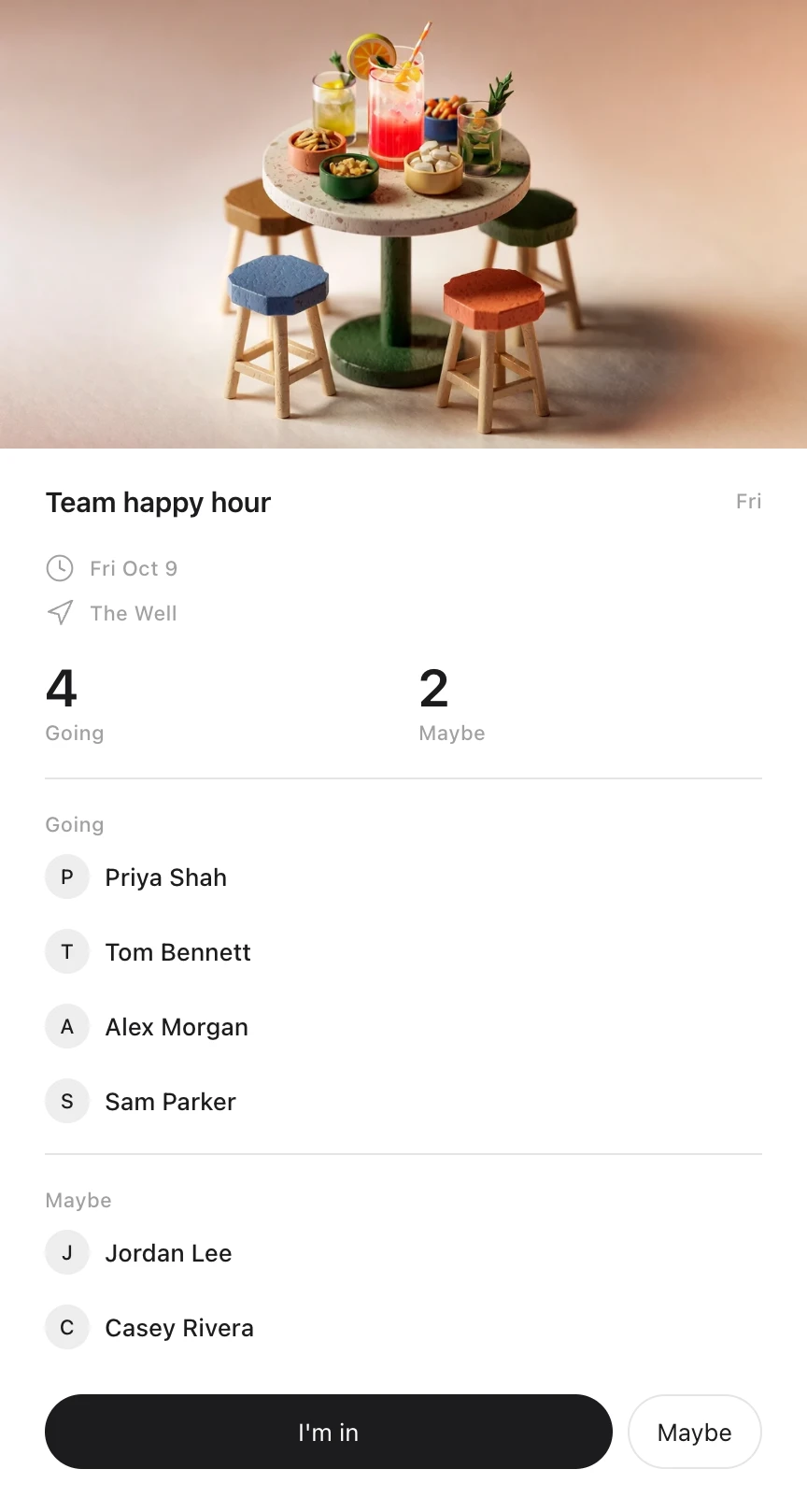 An Idle card: Team happy hour on Friday, October 9 at The Well, under a drawing of a table set with drinks, with four going and two maybe, and buttons to say I'm in or maybe