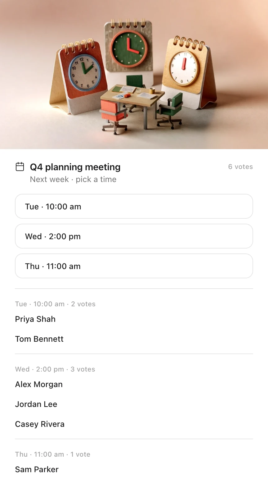 An Idle card: the Q4 planning meeting poll under a drawing of desk calendars with clocks, with three times next week to pick from and six votes so far, three of them for Wednesday at 2:00 pm