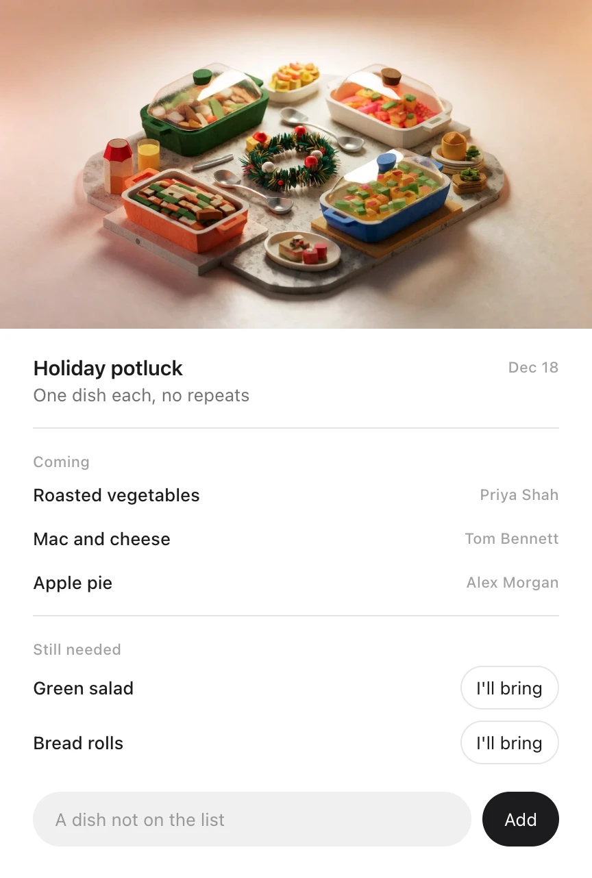 An Idle card: the Holiday potluck on December 18 under a drawing of covered dishes, one dish each with no repeats, with roasted vegetables, mac and cheese and apple pie coming and green salad and bread rolls still open to bring