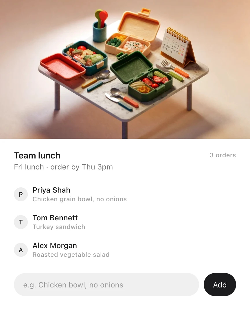 An Idle card: Team lunch under a drawing of lunch boxes on a table, for Friday with orders due Thursday at 3 pm, showing three orders so far and a field to add your own