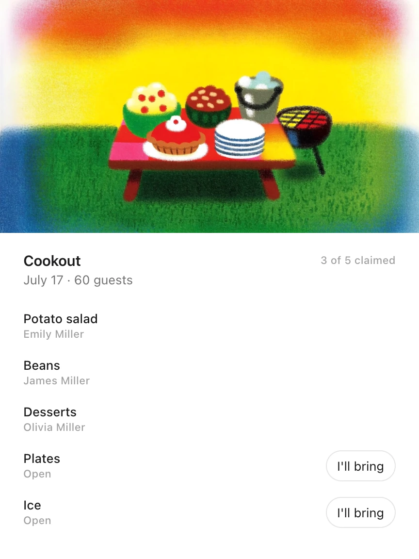 An Idle card: the Cookout on July 17 for 60 guests under a drawing of a picnic table of food beside a grill, with potato salad, beans and desserts claimed and plates and ice still open to bring