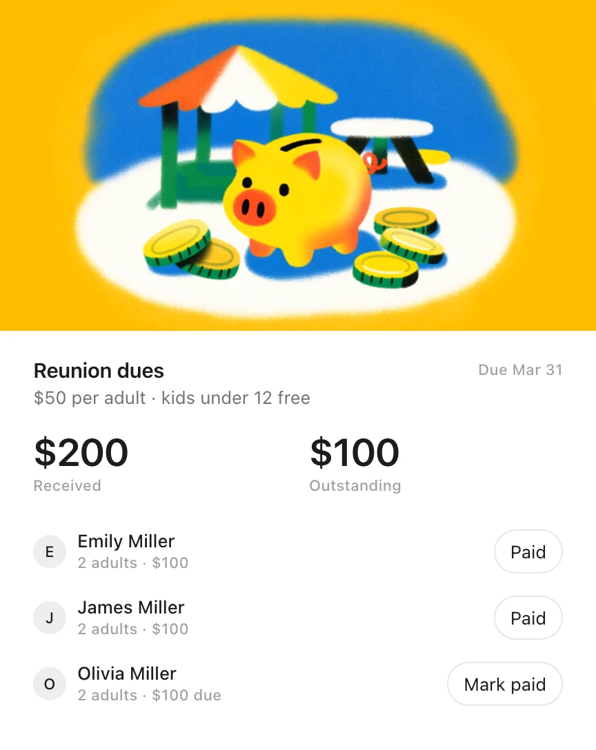 An Idle card: Reunion dues under a drawing of a piggy bank and coins, $50 per adult with kids under 12 free, due March 31, with $200 received, $100 outstanding and each household marked paid or still due