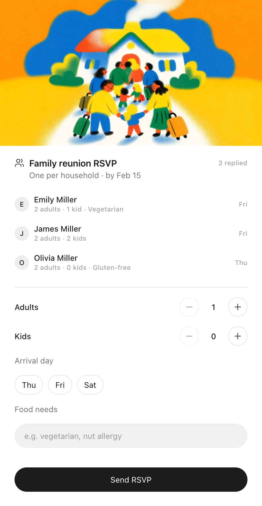 An Idle card: the Family reunion RSVP under a drawing of a family gathering outside a house, one per household by February 15, with three households replied and a form for adults, kids, arrival day and food needs