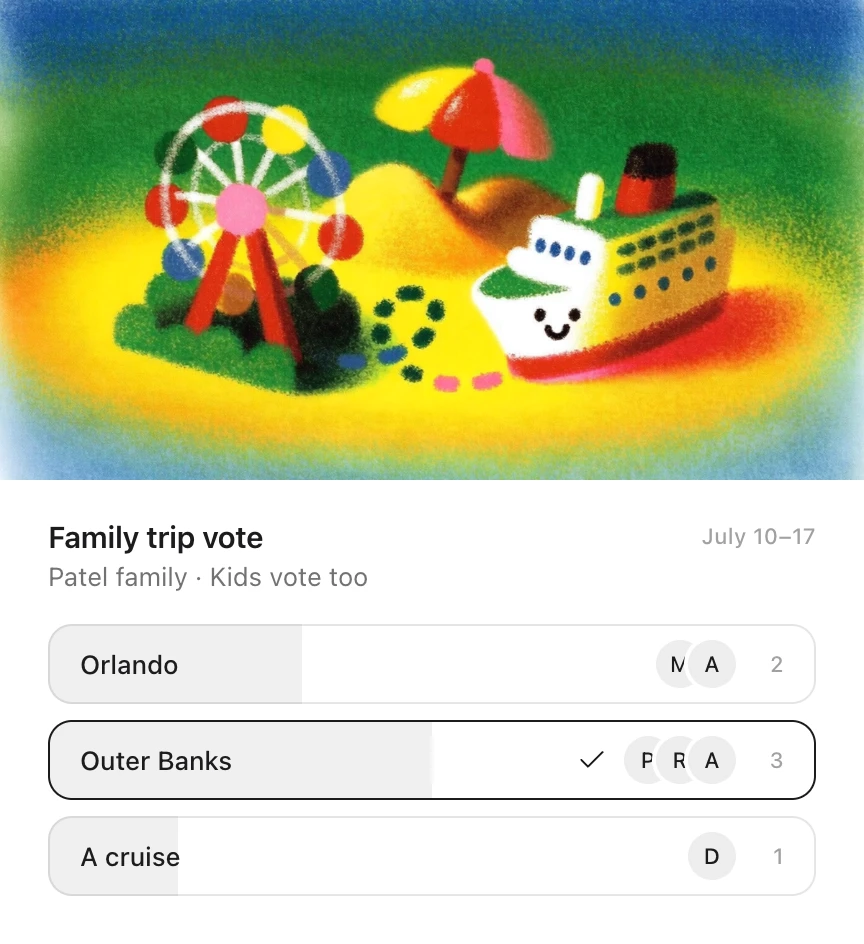 An Idle card: the Patel family trip vote for July 10–17 under a drawing of a Ferris wheel, a beach umbrella and a cruise ship, with Outer Banks ahead on three votes, Orlando on two and a cruise on one