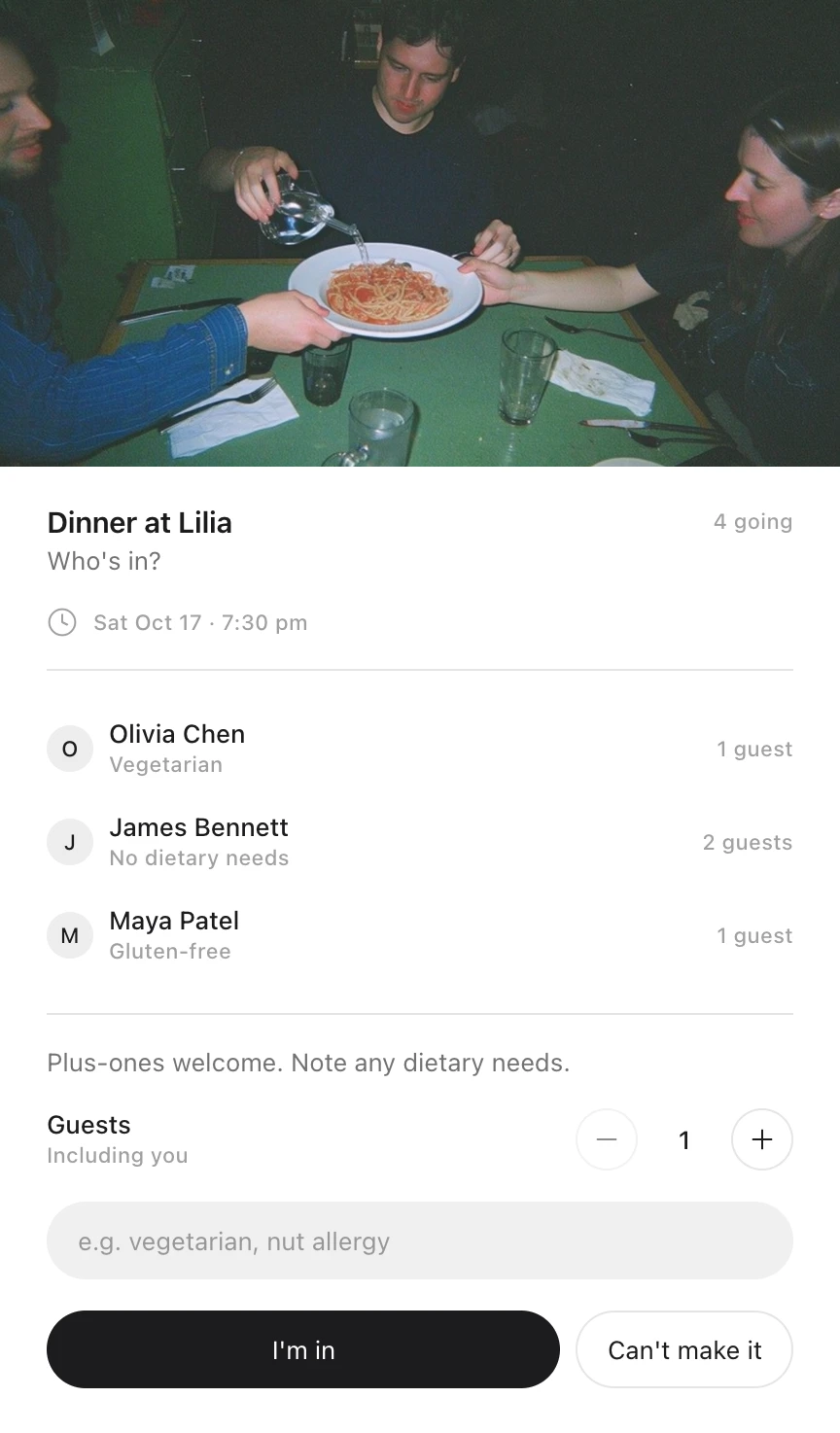 An Idle card: Dinner at Lilia on Saturday, October 17 at 7:30 pm, under a photo of friends passing a plate of pasta across a table, with four going, each reply showing its guests and dietary note, and a form to add your own