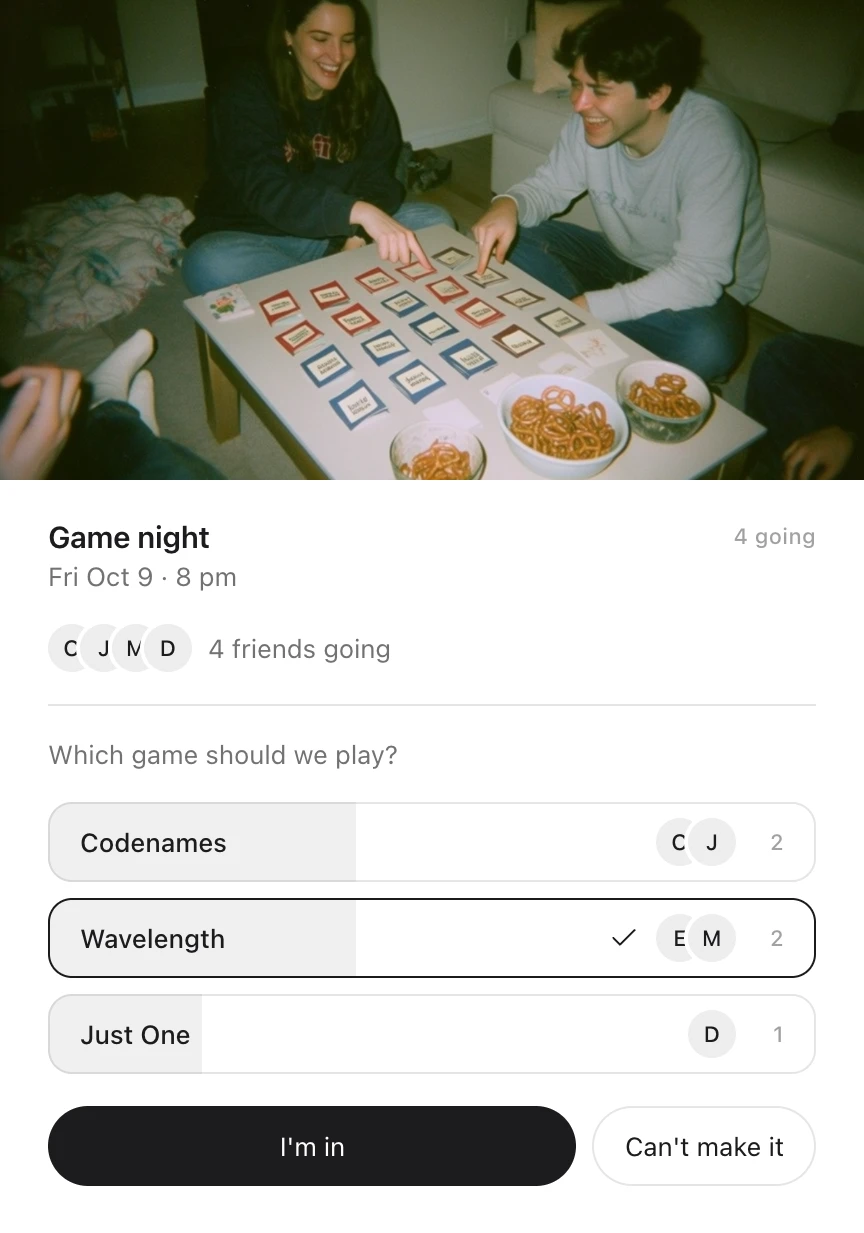 An Idle card: Game night on Friday, October 9 at 8 pm, under a photo of friends playing a board game around a coffee table, with four friends going, a vote between Codenames, Wavelength and Just One, and buttons to say I'm in or can't make it