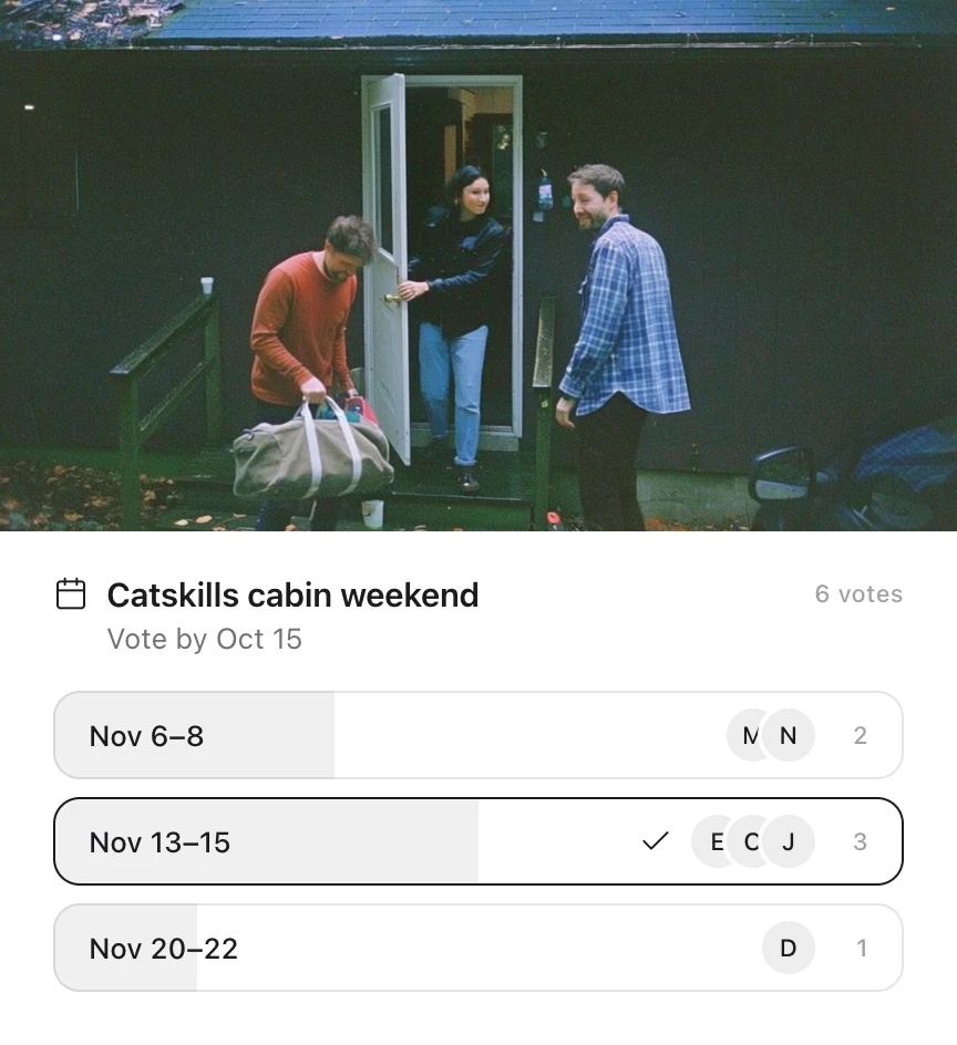 An Idle card: the Catskills cabin weekend vote under a photo of friends arriving at a cabin with their bags, with three November weekends to choose from, November 13–15 ahead on three of six votes, and voting open until October 15