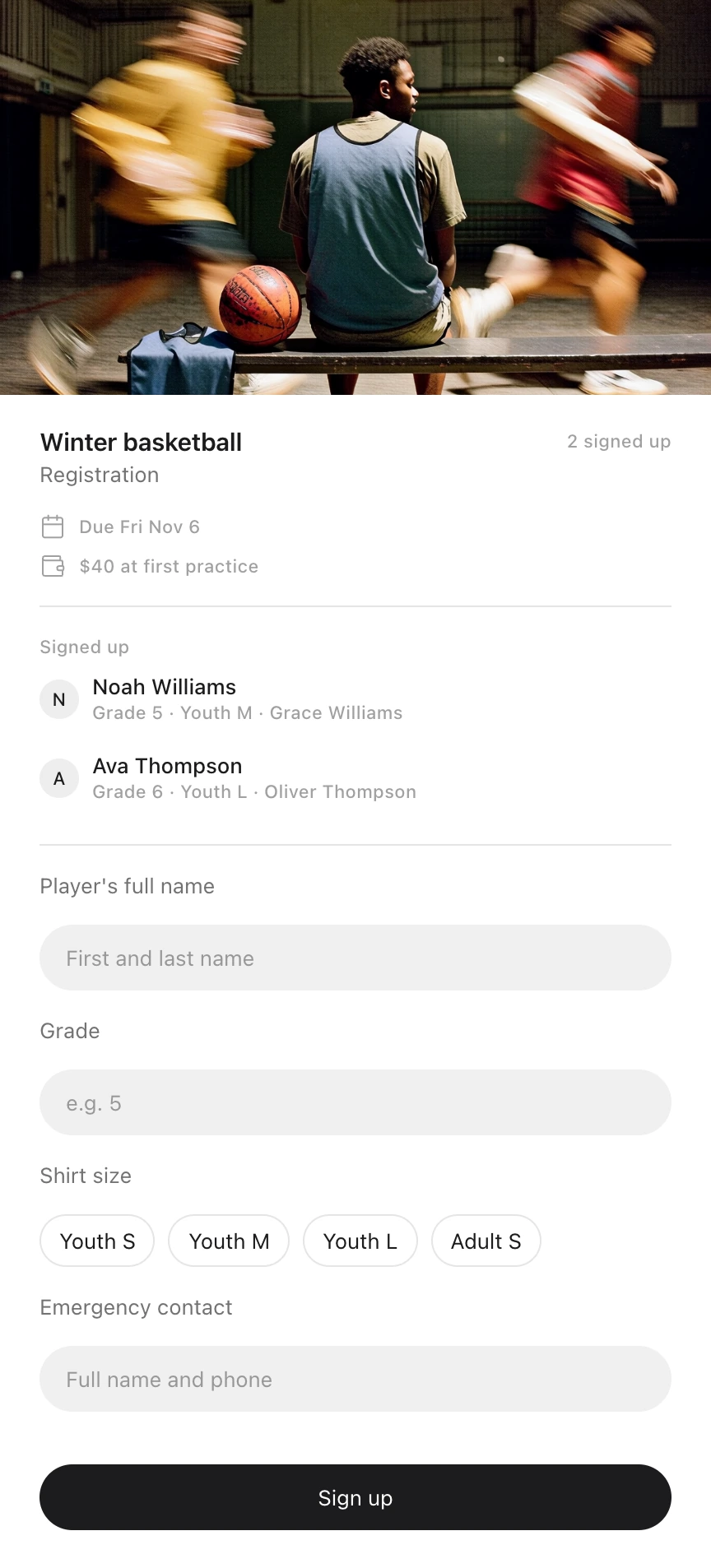 An Idle card: Winter basketball registration, due Friday, November 6 with $40 at first practice, under a photo of a player on a bench as others run past, with two players signed up and a form for the player's name, grade, shirt size and emergency contact