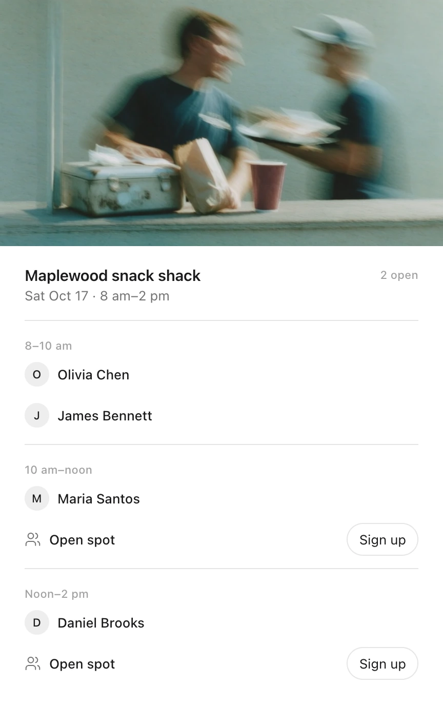 An Idle card: the Maplewood snack shack on Saturday, October 17 from 8 am to 2 pm, under a photo of two volunteers serving at a counter, with three two-hour shifts of two volunteers, four spots filled and two open to sign up