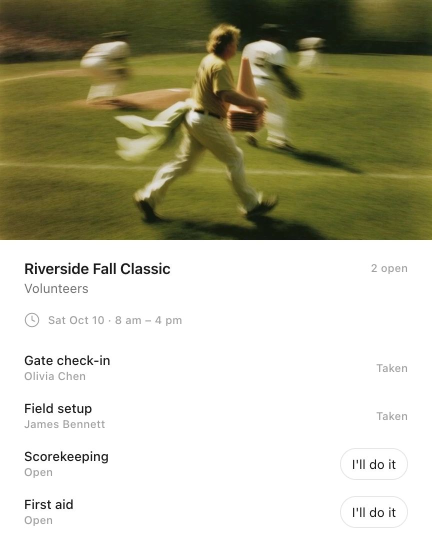 An Idle card: volunteers for the Riverside Fall Classic on Saturday, October 10 from 8 am to 4 pm, under a photo of a volunteer carrying cones across a ball field, with gate check-in and field setup taken and scorekeeping and first aid open to take