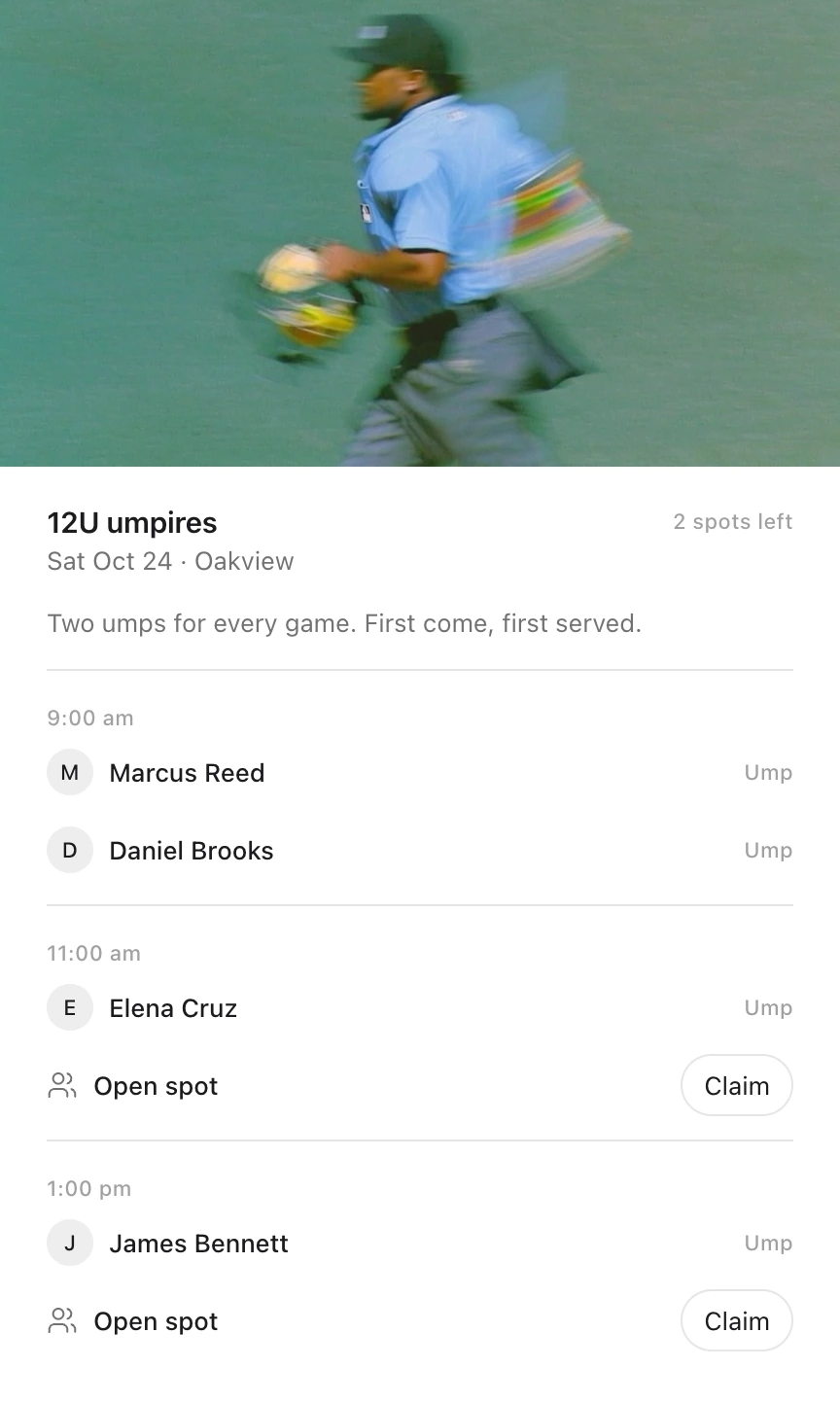 An Idle card: 12U umpires for Saturday, October 24 at Oakview, under a photo of an umpire jogging across the field, two umps for every game, first come first served, with the 9:00 am game covered and one spot open at 11:00 am and at 1:00 pm