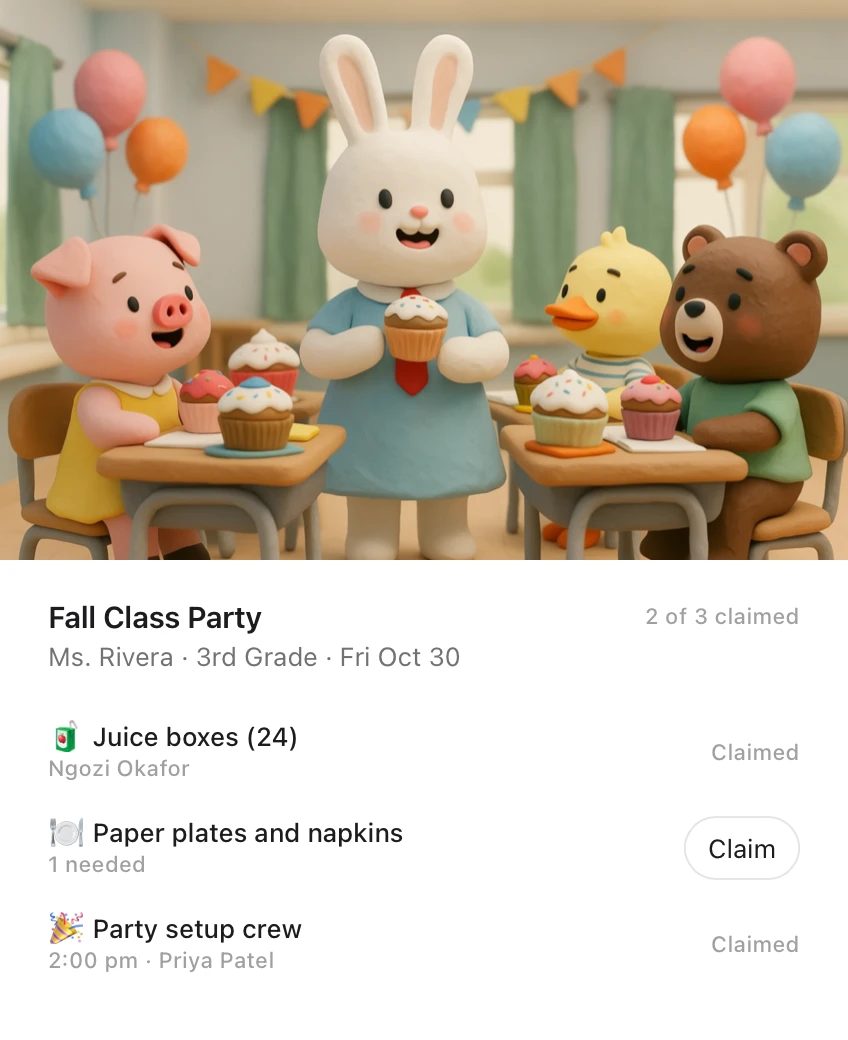 An Idle card: the Fall Class Party for Ms. Rivera's 3rd grade on Friday, October 30, with juice boxes and the setup crew claimed and paper plates and napkins open to claim