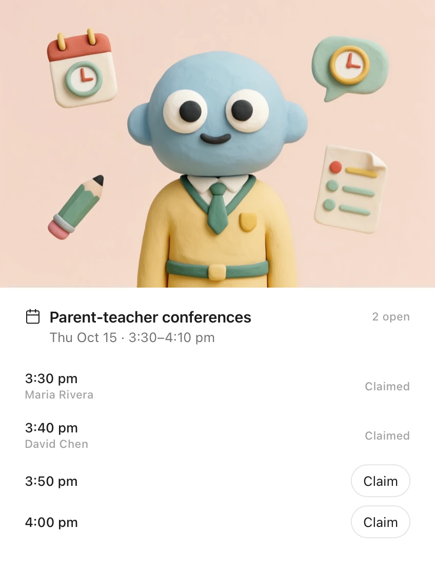 An Idle card: parent-teacher conferences on Thursday, October 15, with ten-minute times from 3:30 pm, two claimed and two open to claim