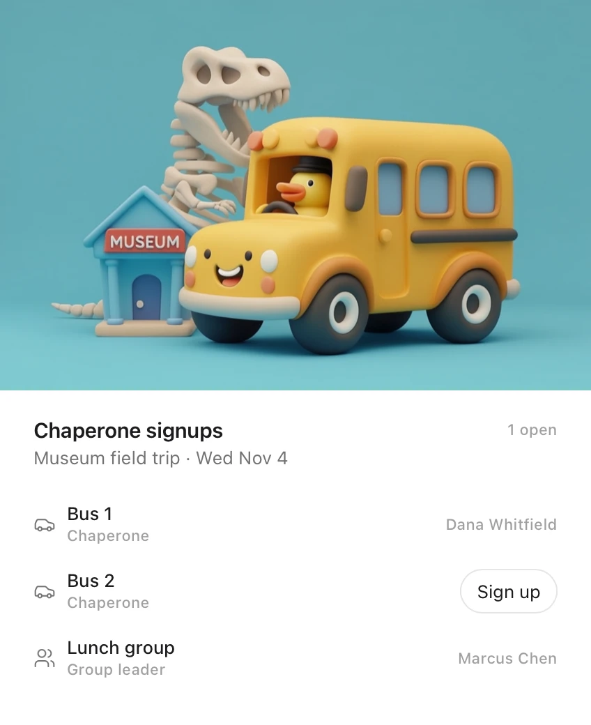 An Idle card: chaperone signups for the museum field trip on Wednesday, November 4, with Bus 1 and the lunch group covered and Bus 2 open to sign up