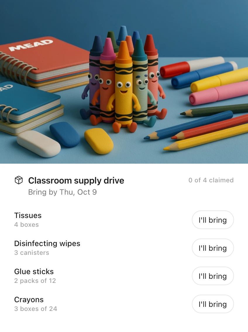 An Idle card: a classroom supply drive due Thursday, October 9, listing tissues, disinfecting wipes, glue sticks and crayons, each with a button to bring it