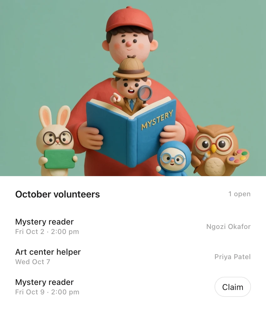 An Idle card: October volunteers, with a mystery reader and an art center helper signed up and one mystery reader slot open to claim