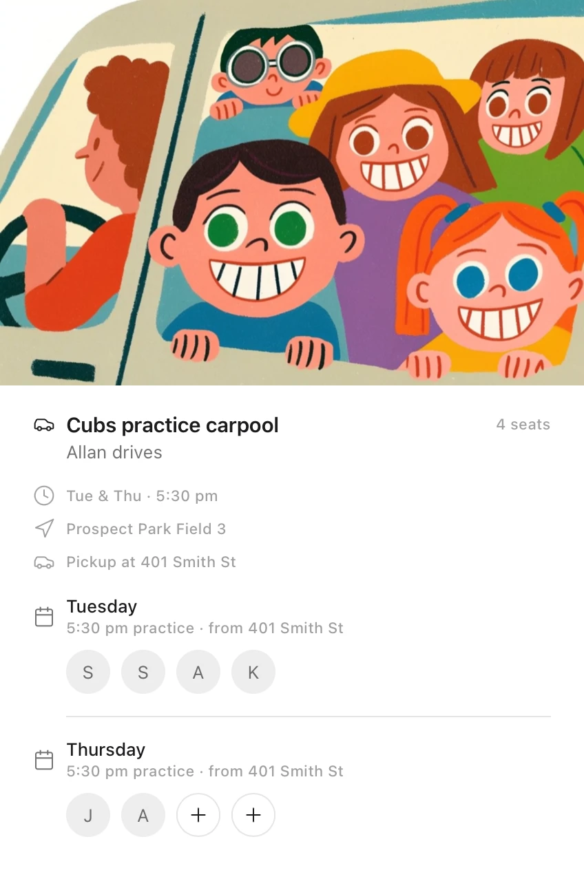 An Idle card: the Cubs practice carpool under a drawing of children in a car, Tuesdays and Thursdays at 5:30 pm to Prospect Park Field 3 from 401 Smith St, with four seats taken on Tuesday and two still open on Thursday