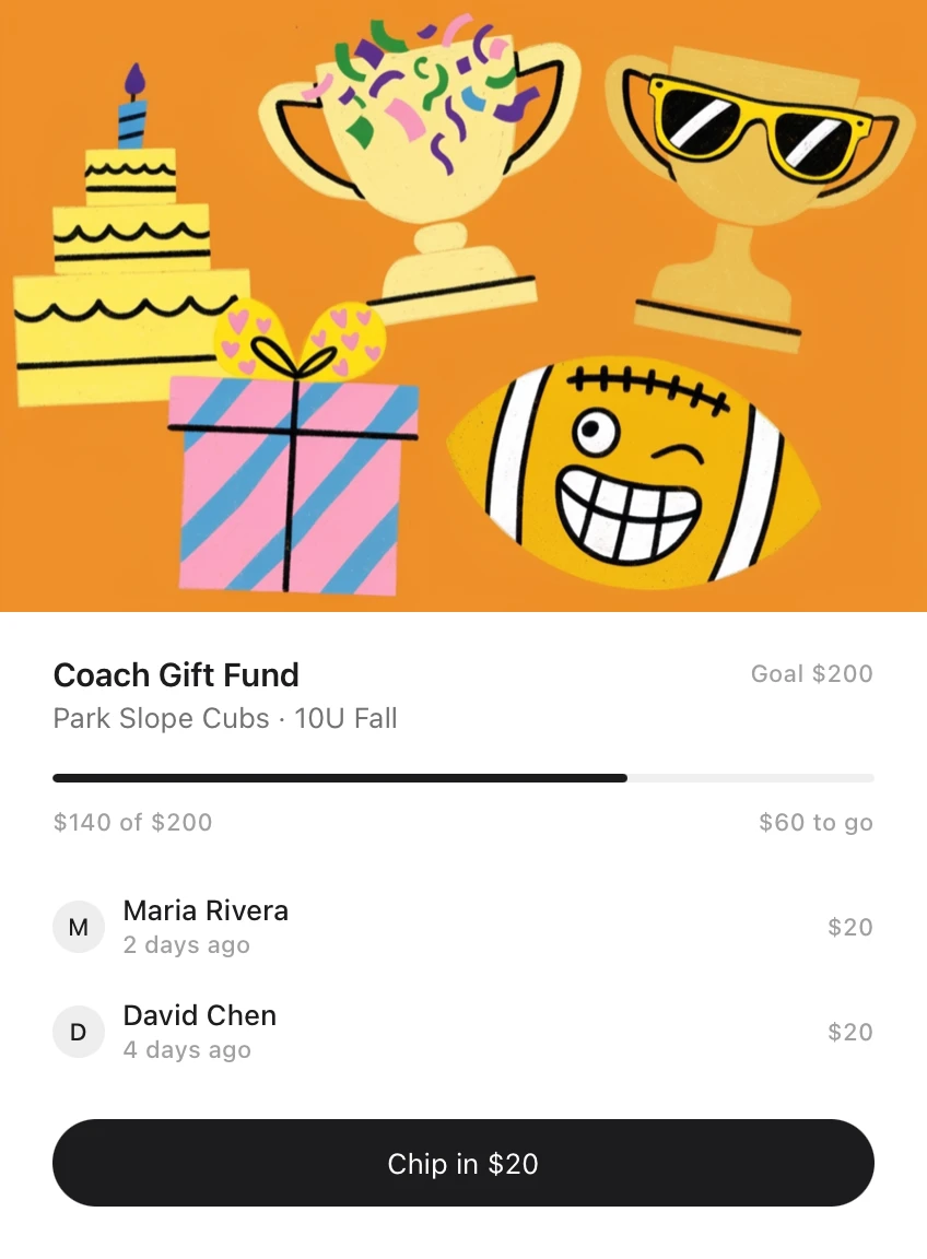 An Idle card: the Coach Gift Fund for the Park Slope Cubs, $140 of its $200 goal collected, two families' $20 gifts listed and a button to chip in $20