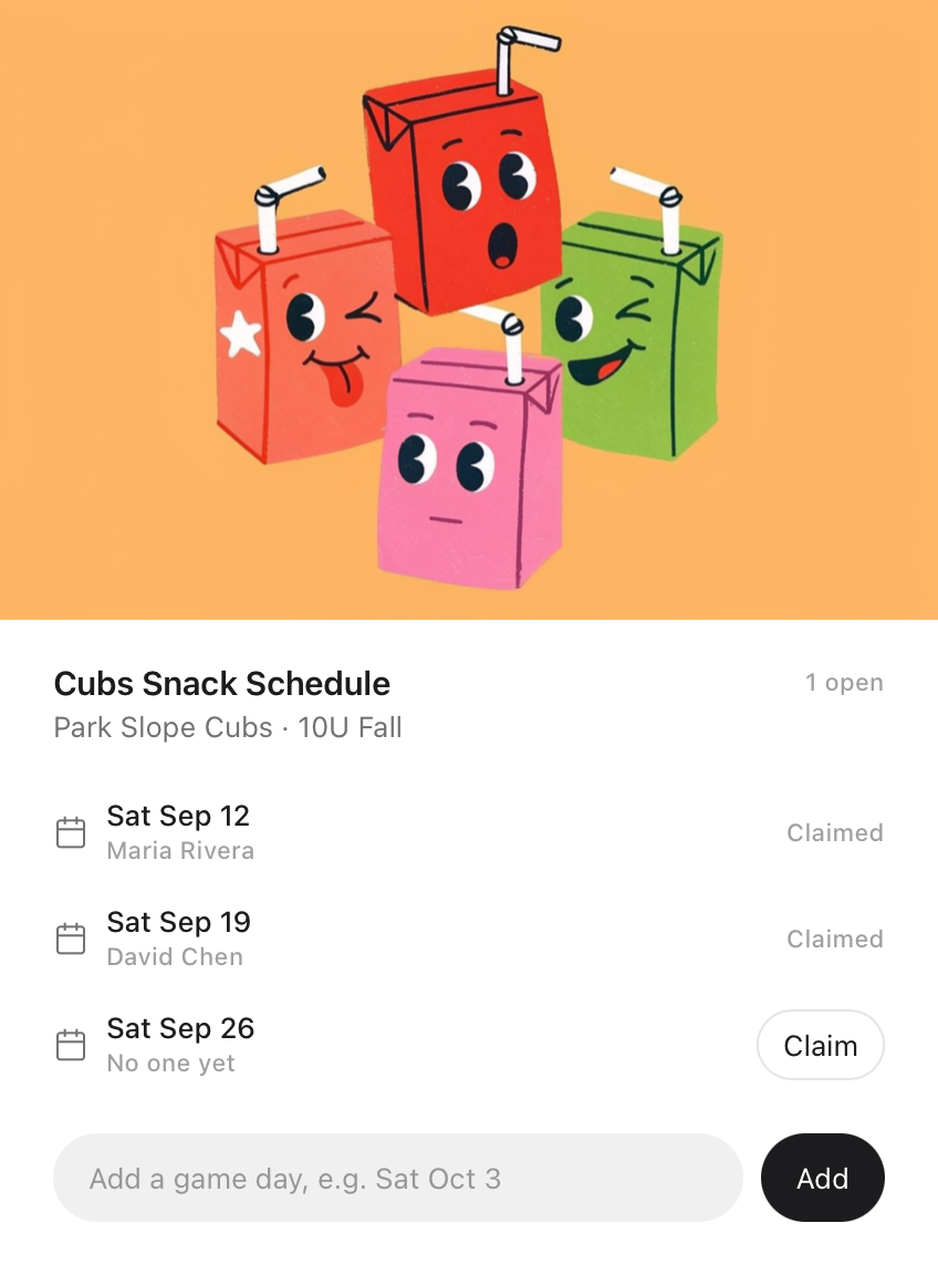 An Idle card: the Cubs snack schedule for the Park Slope Cubs 10U fall season, with two Saturday games claimed and one open to claim