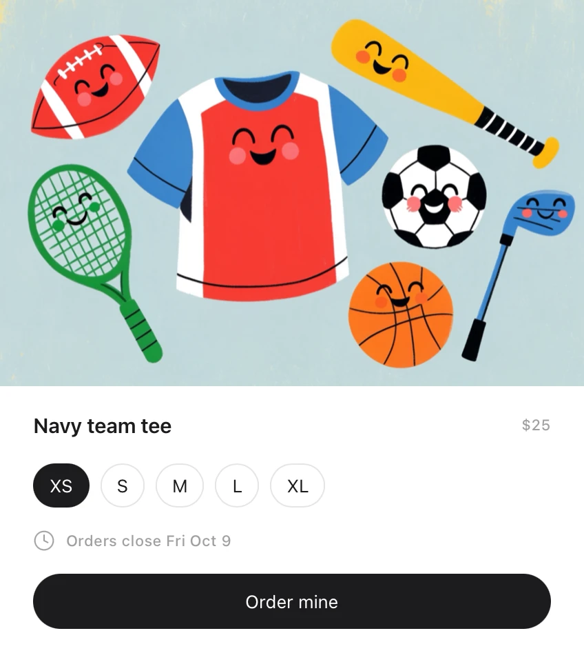 An Idle card: a navy team tee for $25 in sizes XS to XL, orders closing Friday, October 9, with a button to order one