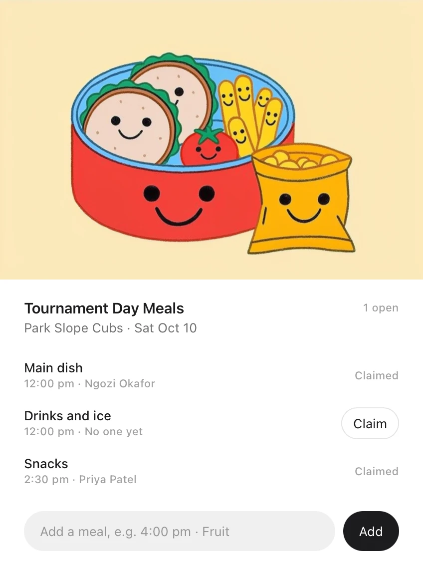 An Idle card: Tournament Day Meals for the Park Slope Cubs on Saturday, October 10, with the main dish and snacks claimed and drinks and ice still open to claim